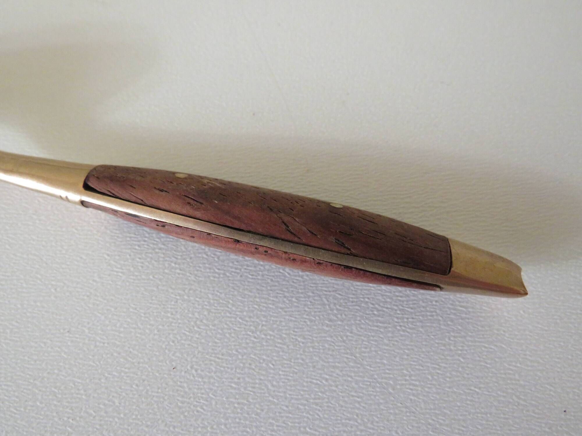 Vintage teak and brass housewife, dessert spoons and forks