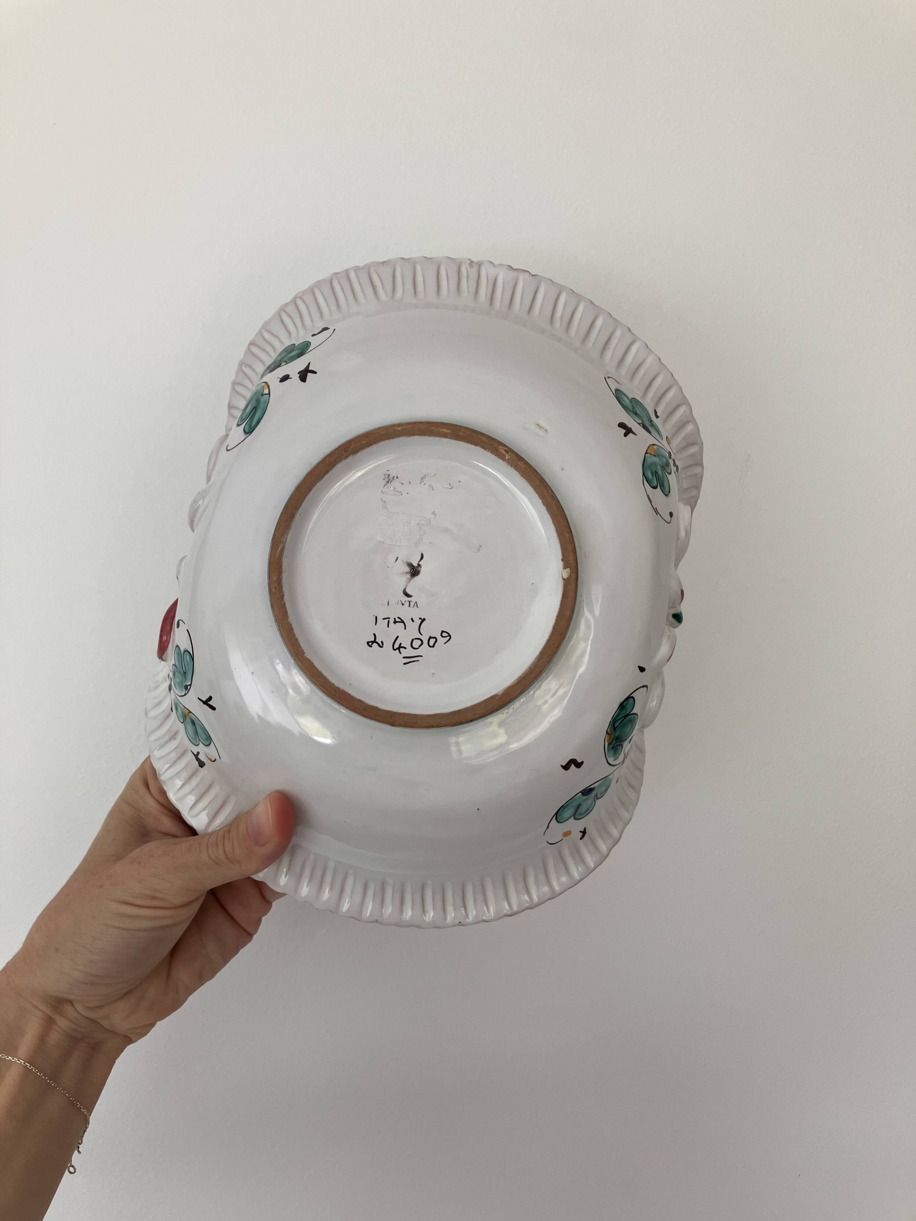 Dish, antique Italian Orvieto Deruta fruit bowl with rooster decoration