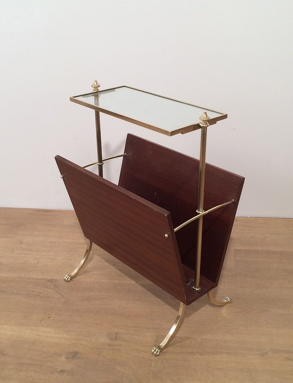 Neoclassical magazine rack in mahogany and brass