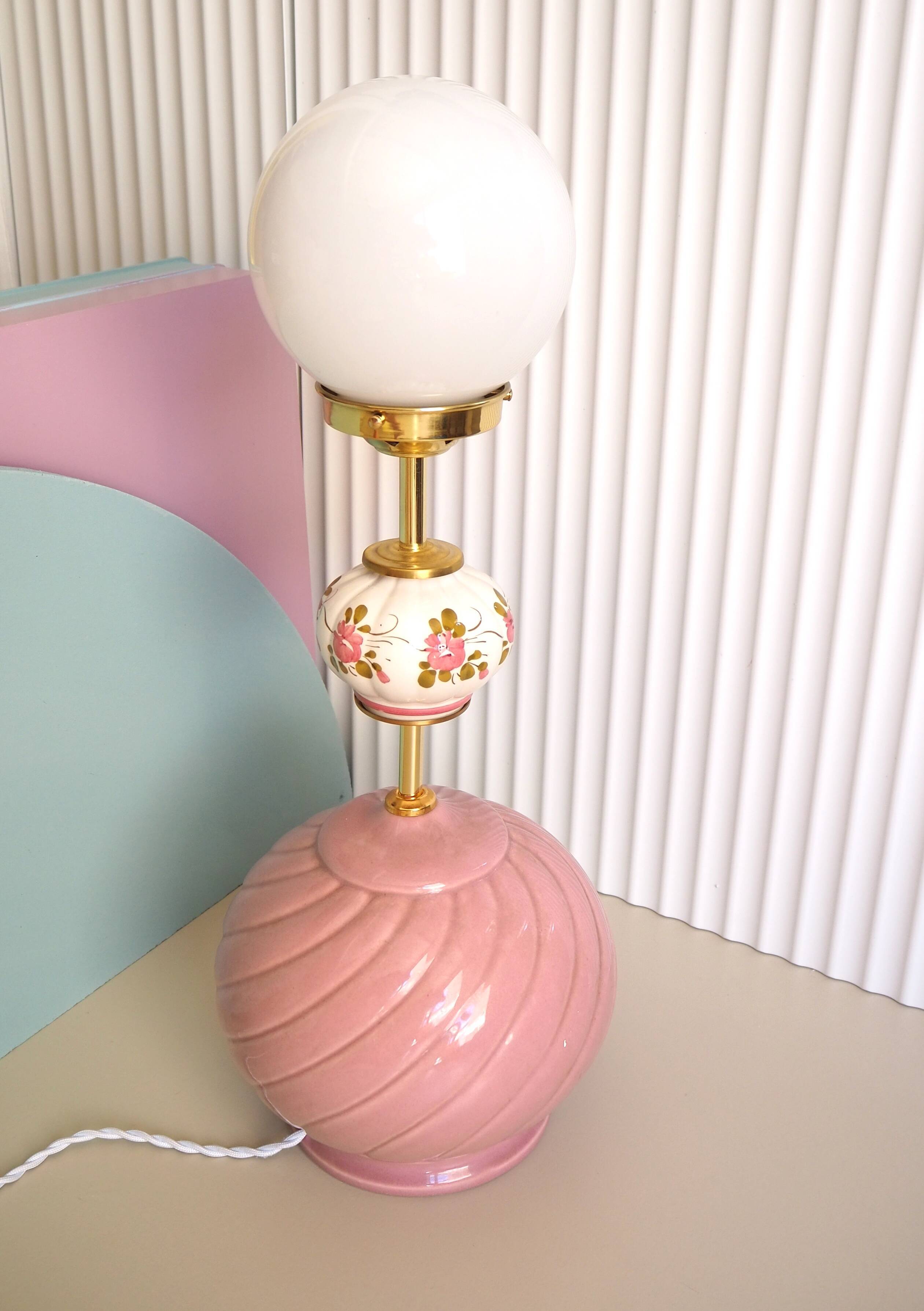 Table lamp, pink, opaline and brass ceramic