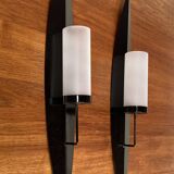 Pair of Scandinavian design candle holders in glass and metal.