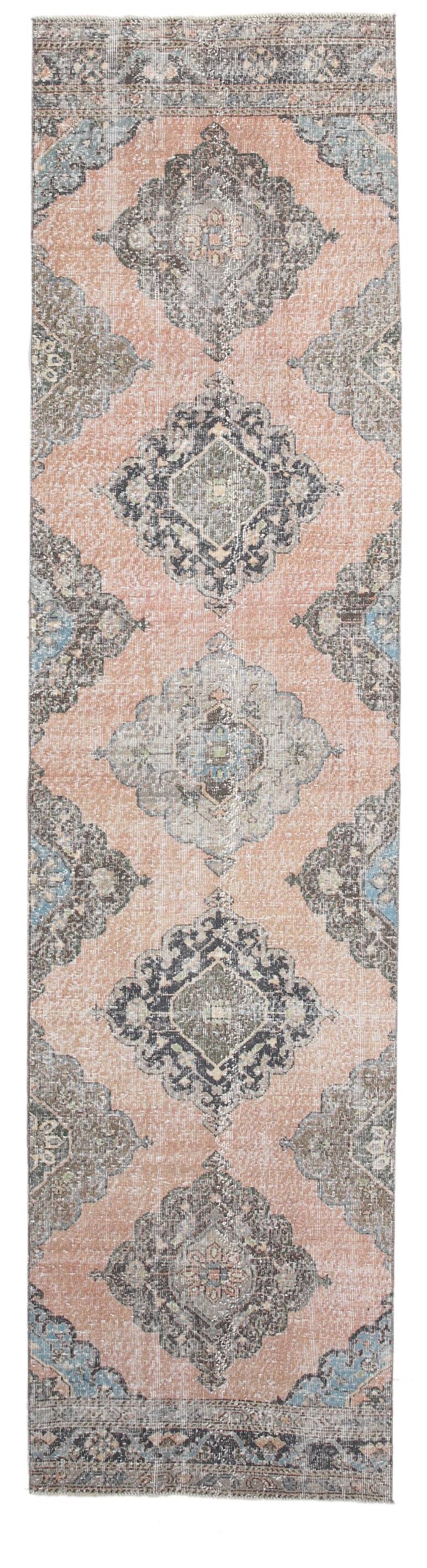 3x12 Salmon & Blue Turkish Vintage Runner Rug, Antique Rugs For Hallway