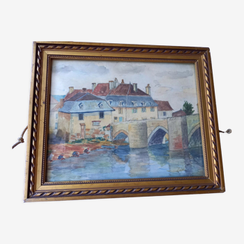 Aquarelle ancien pont XIIIè siècle de St Savin sur la Gartempe Vienne (86)