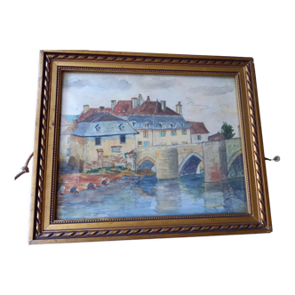 Aquarelle ancien pont XIIIè siècle de St Savin sur la Gartempe Vienne (86)