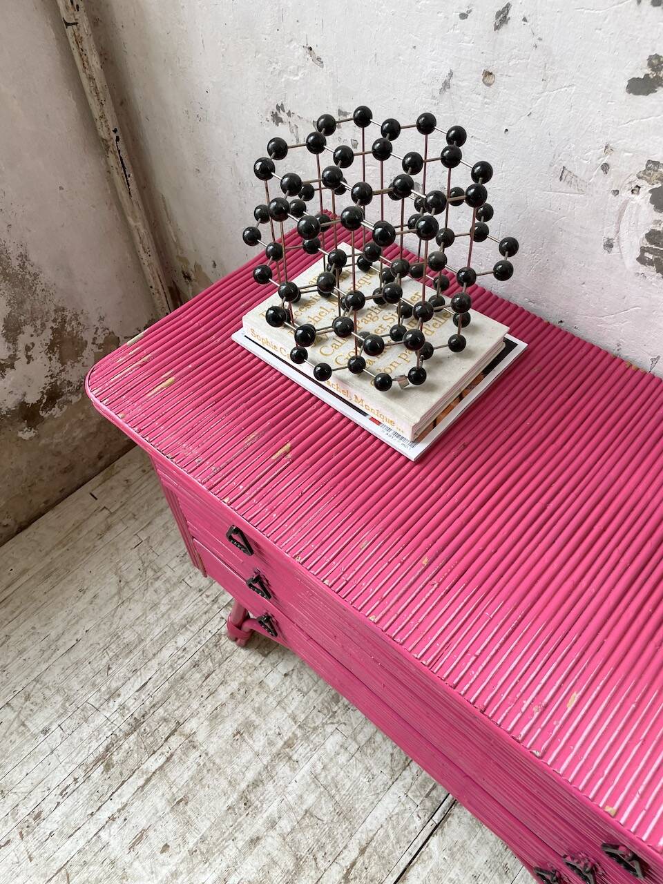 Vintage pink rattan chest of drawers