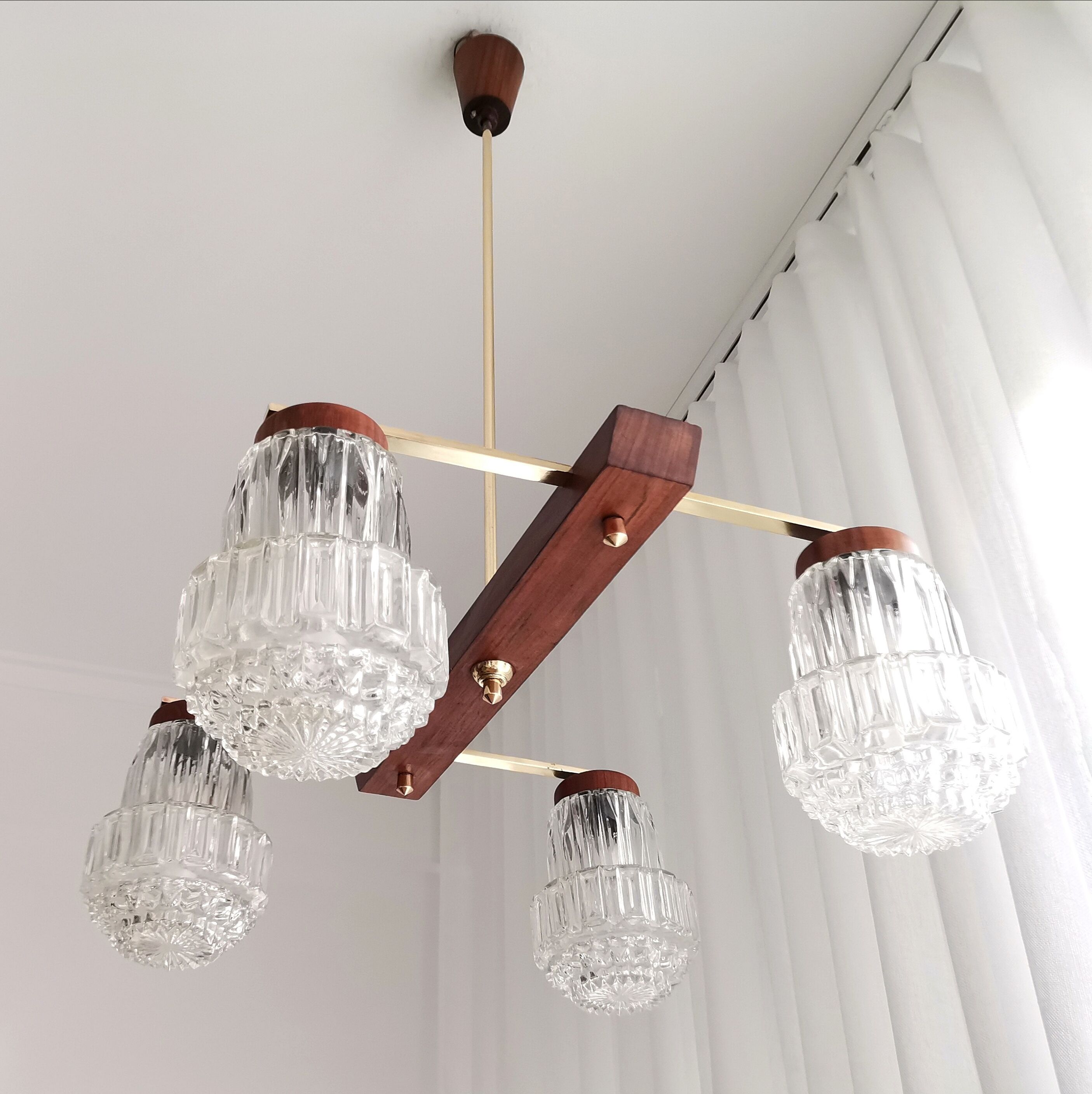 Vintage 60s rustic 4-light  wooden chandelier