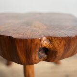 Brutalist coffee table, elm slice, tripod, 1960s
