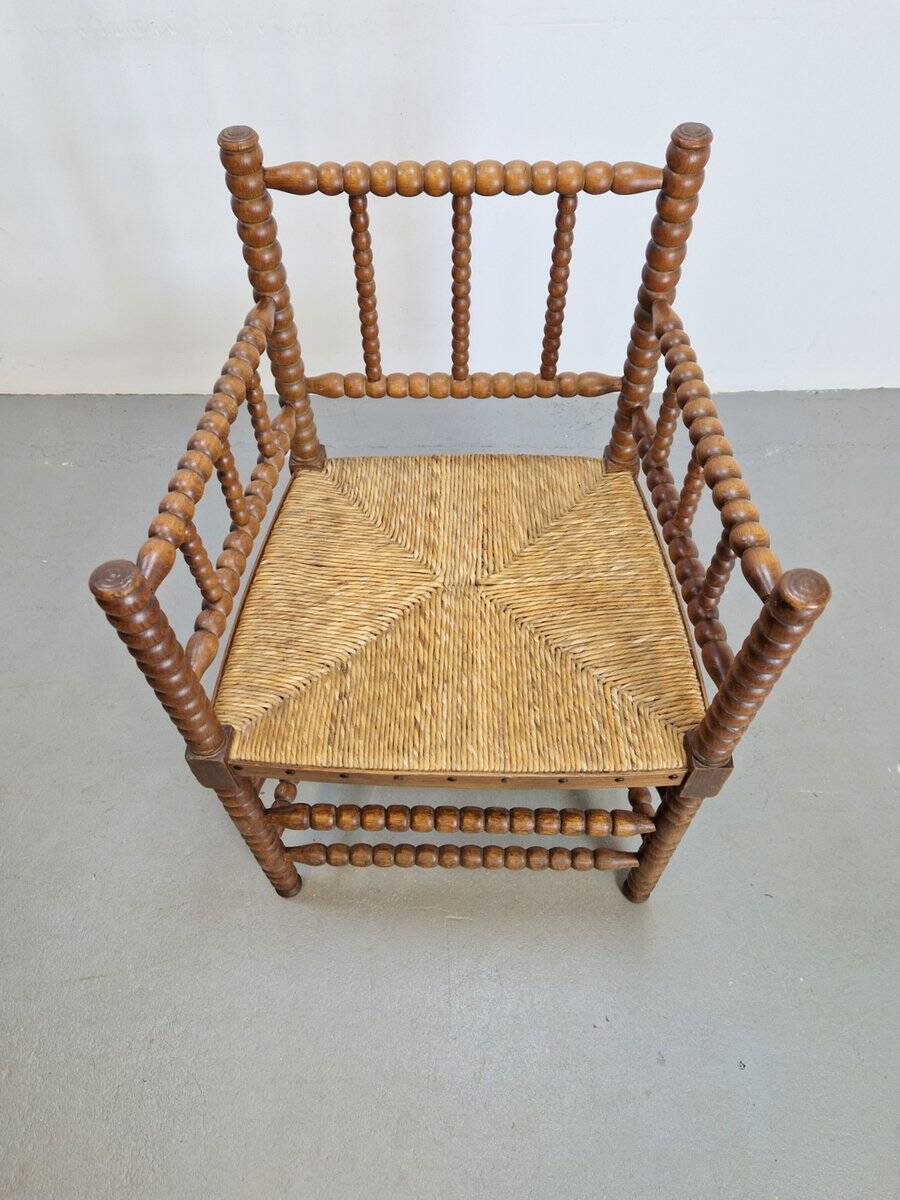 Mid-Century Arts and Craft Oak Bobbin Chair with Rush Seat, 1930s