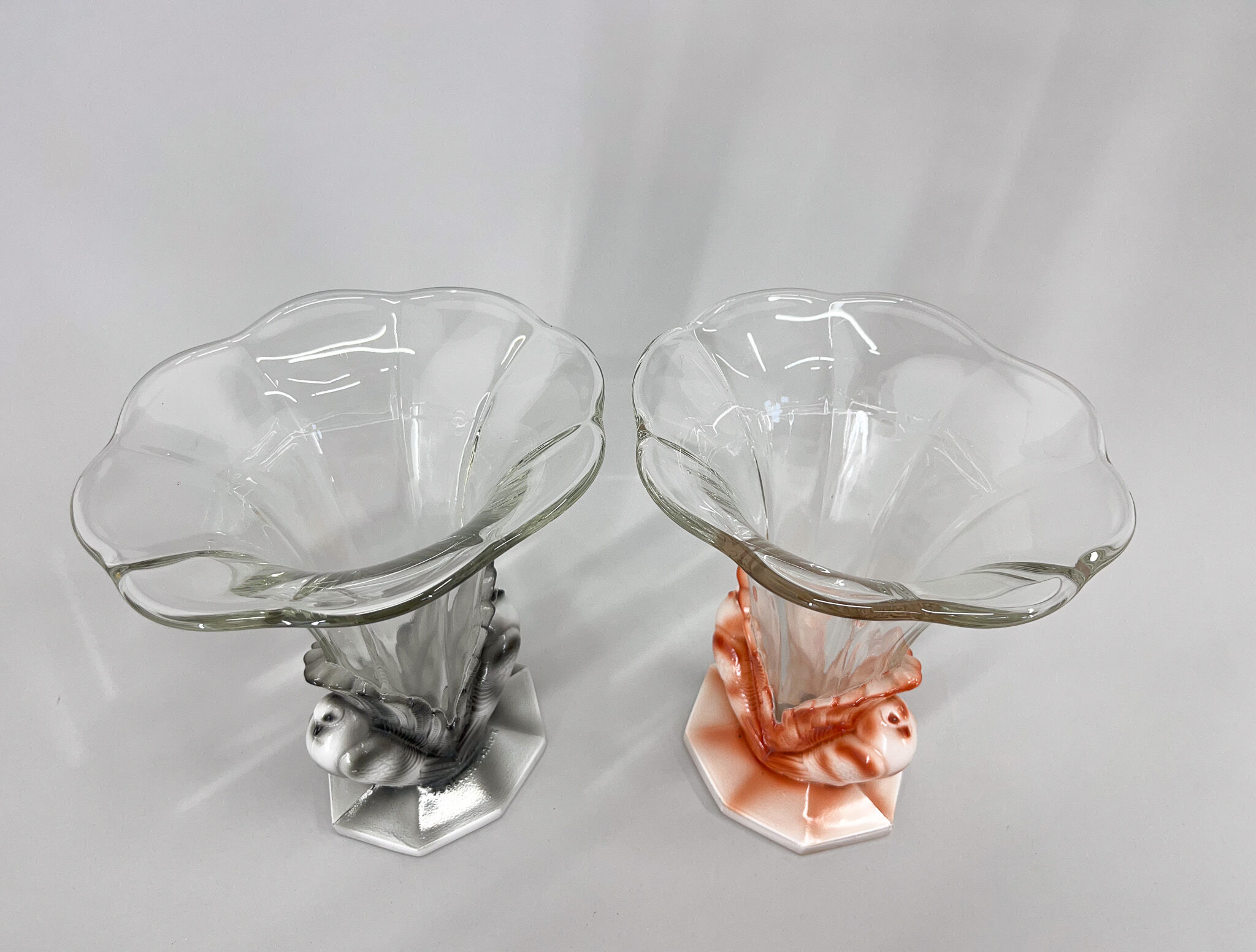 Set of Two Art Deco Dove Birds Glass Vases by Josef Feigl for Libochovice Glassworks, 1930s