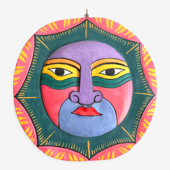 Masque mural multicolore en bois, années 80