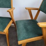 2 fauteuils bridge en bois et velours vert, 1960