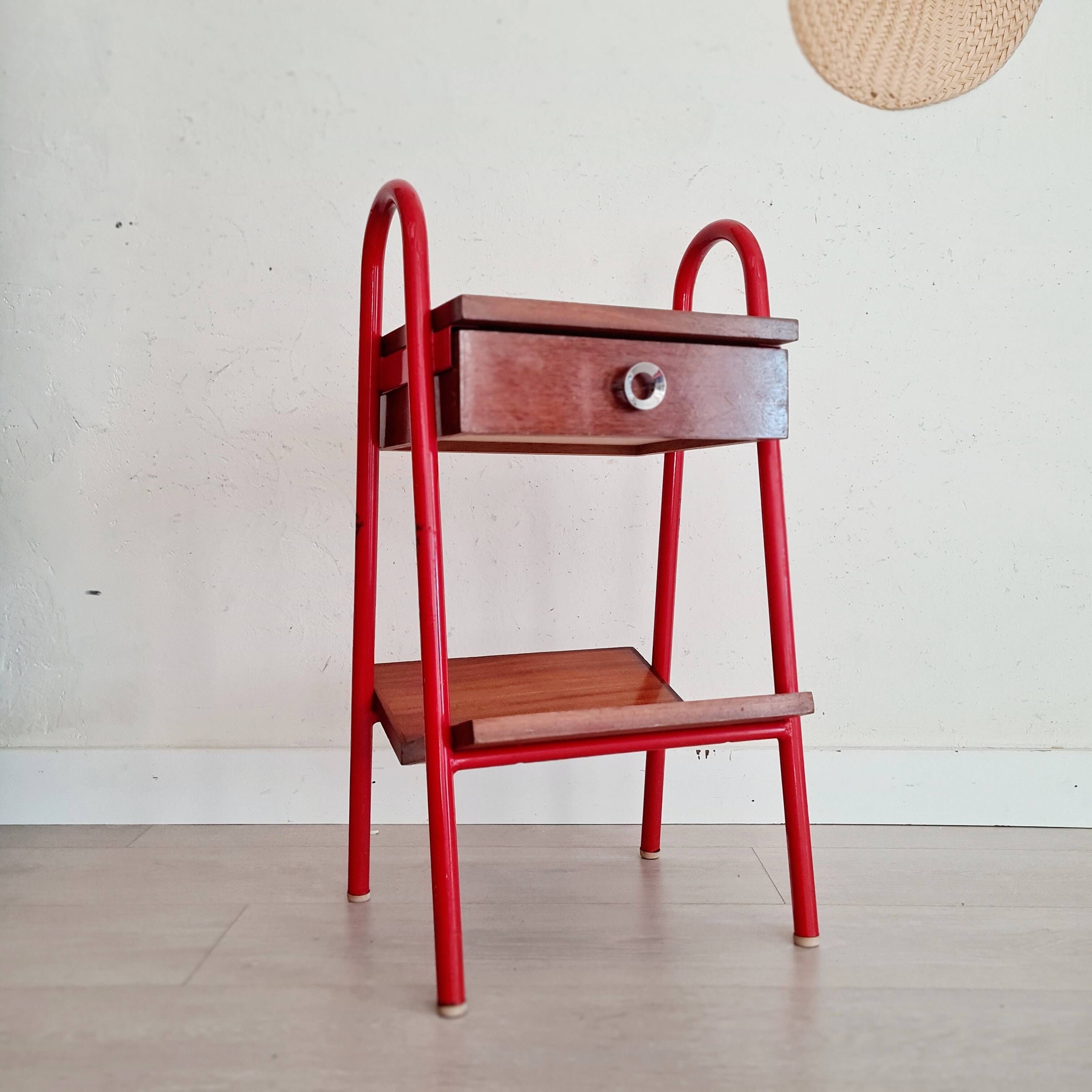 Small piece of furniture - boarding school type bedside table wood red metal