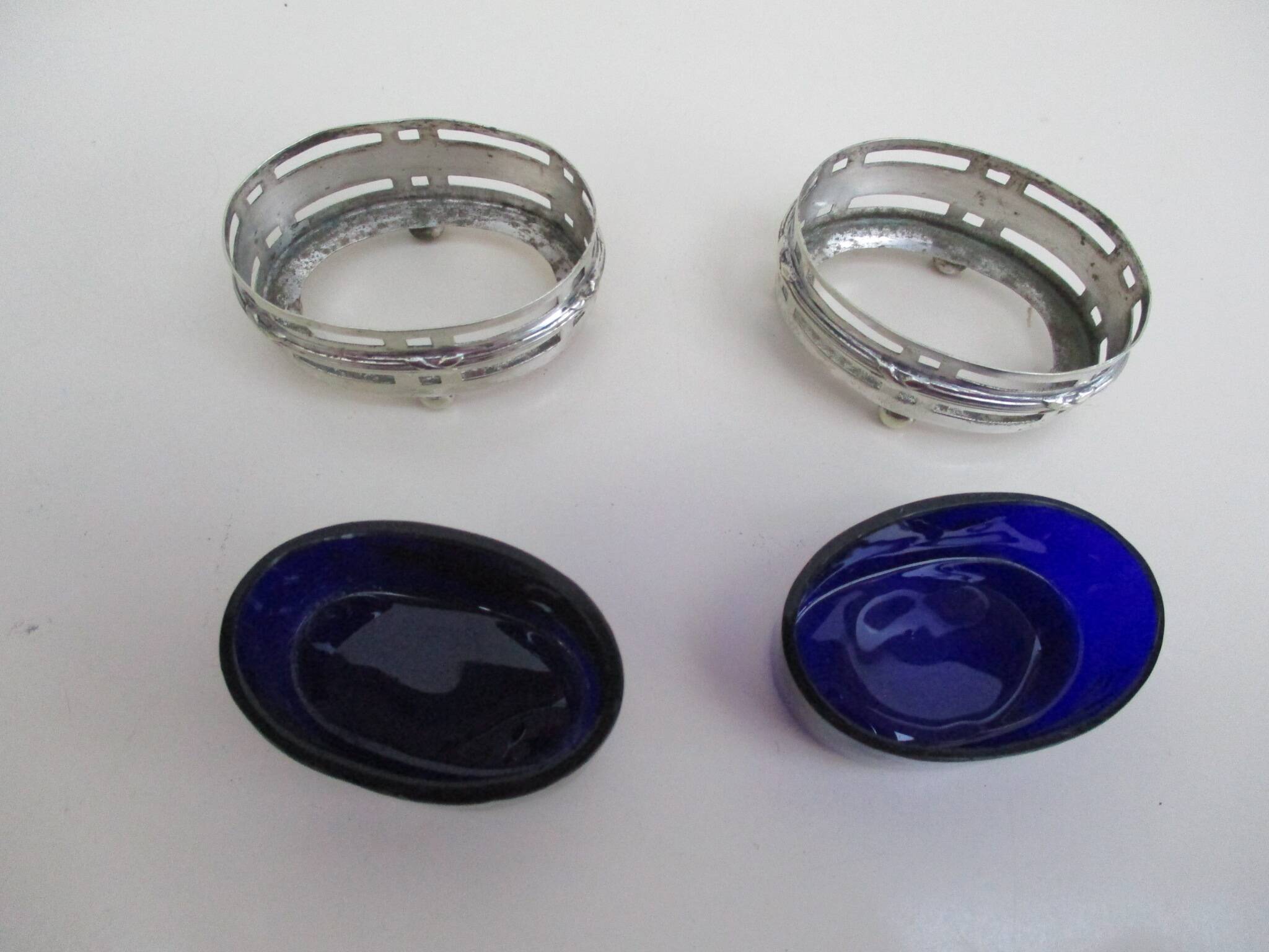 Silver metal and cobalt glass salt pots - EP St & co