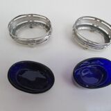 Silver metal and cobalt glass salt pots - EP St & co