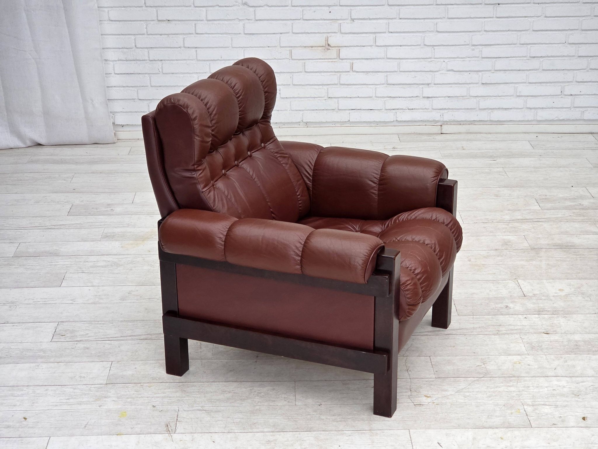 1970s, Scandinavian armchair, furniture leather, dark beech wood.