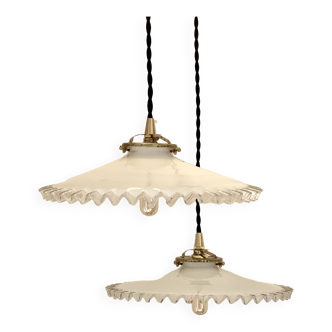 Pair of serrated opaline bistro pendant lights