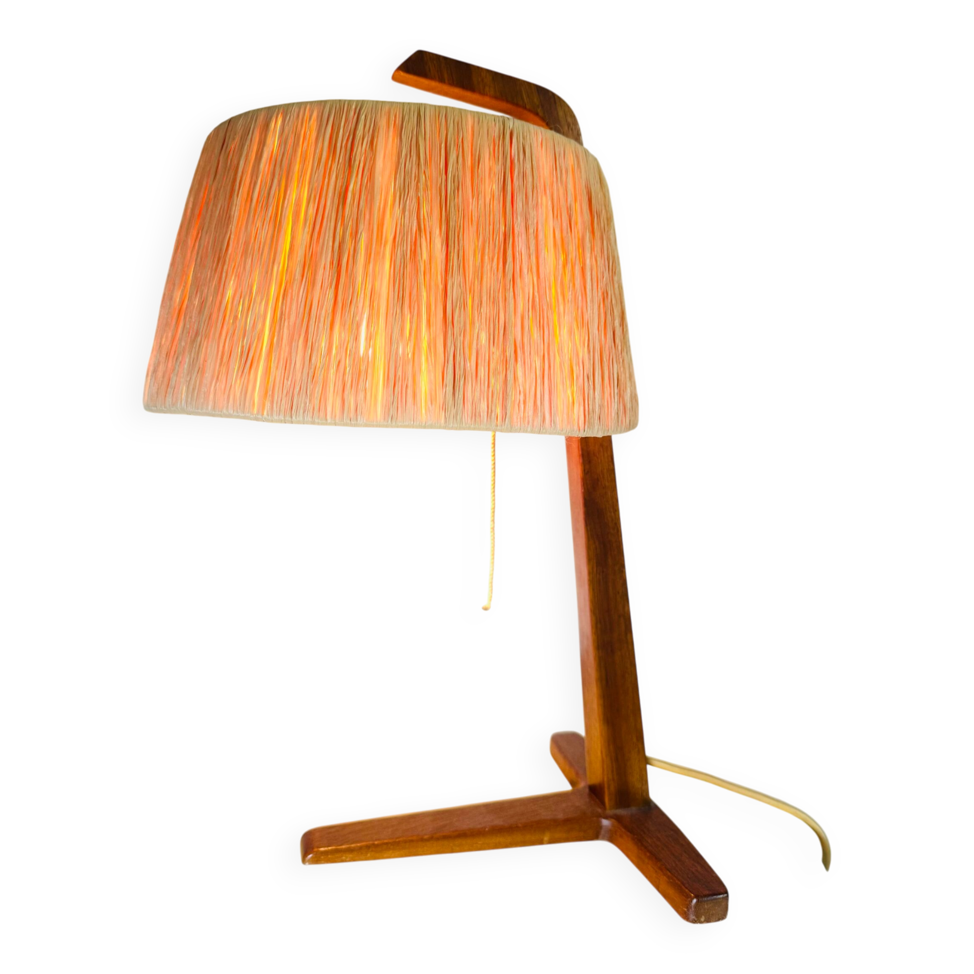 Natural Fibre & Teak Wood Table Lamp By Ib Fabiansen For Fog & Mørup, Denmark 1950S