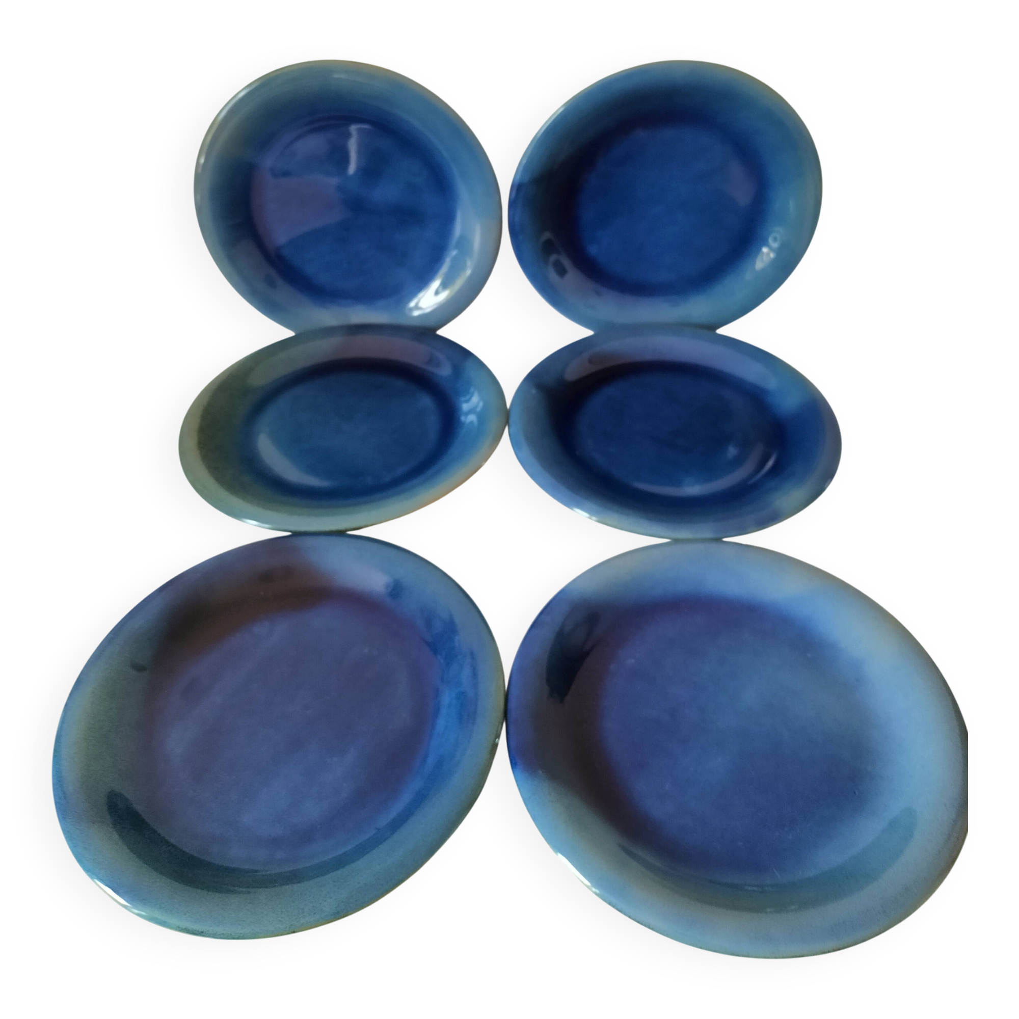 6 assiettes en grès émaillé – bleu cobalt & turquoise
