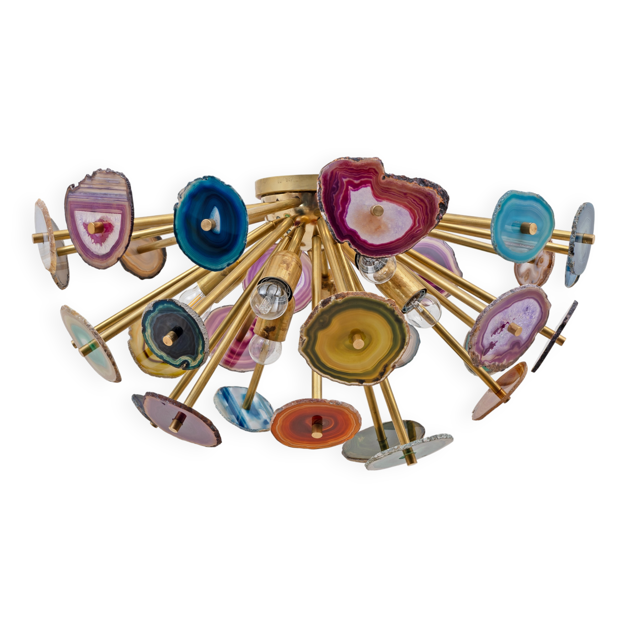 Italian-designed "Sputnik" Ceiling Lamp with Agate Stone Sections and Brass
