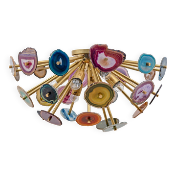 Italian-designed "Sputnik" Ceiling Lamp with Agate Stone Sections and Brass