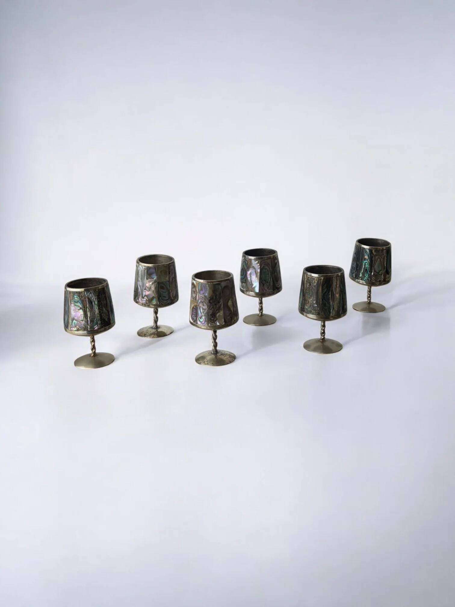 Abalone shell & alpaca shot glasses, set of 6, Mexico, 1970s