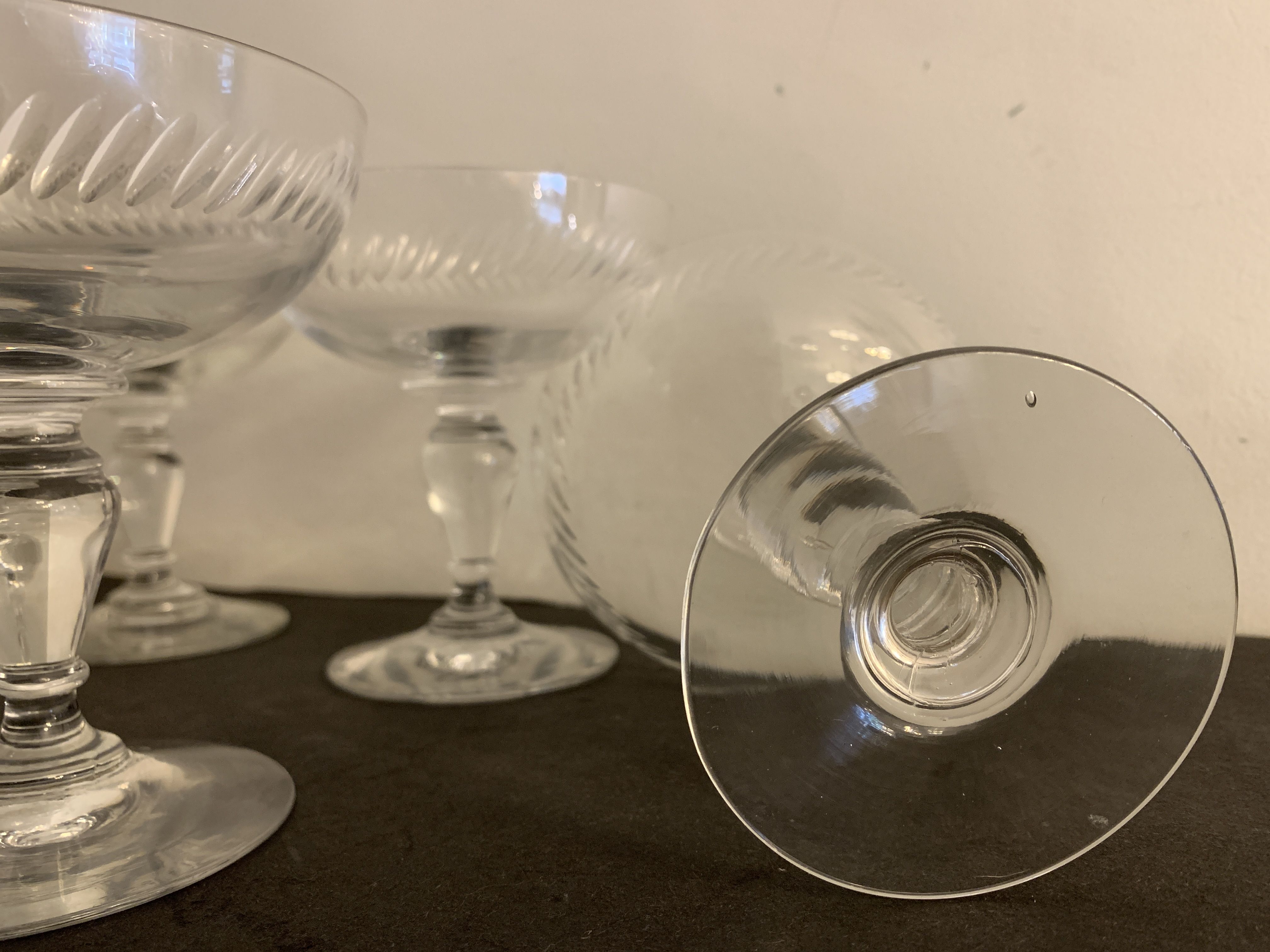 6 old champagne glasses in blown crystalline