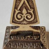 Hebrew/Jewish Flambeau candle holder, engraved Israel. In brass with an old gold patina. Floral patterns/25 cm