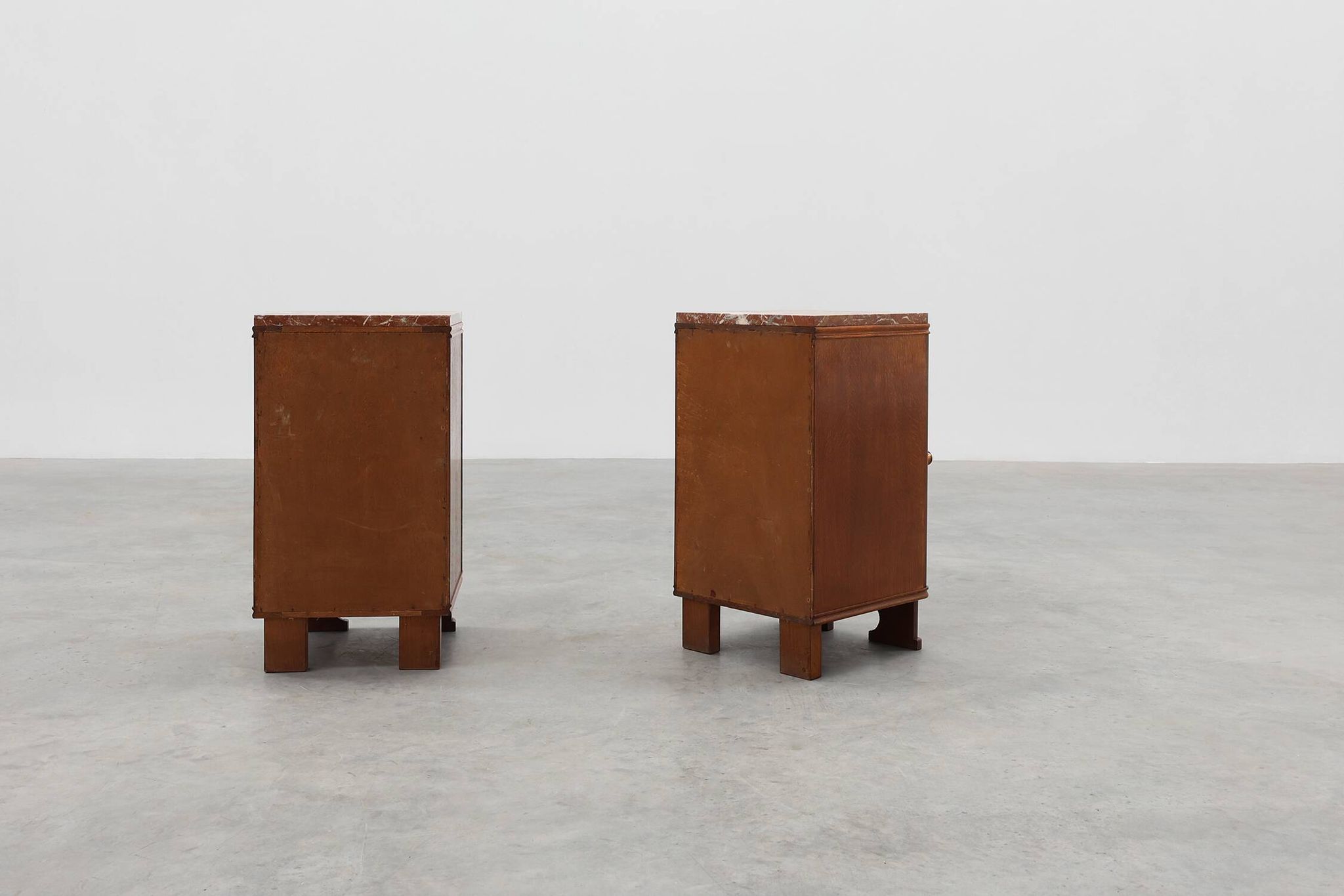 Pair of Art Deco nightstands in oak with marble top, France ca. 1925