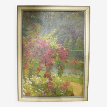 Original painting / oil on panel, garden scene, 1940s