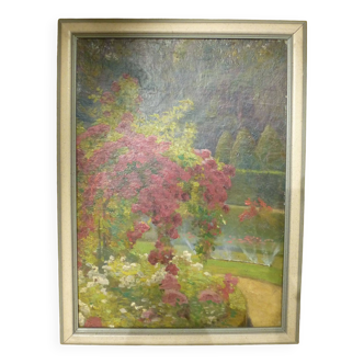 Original painting / oil on panel, garden scene, 1940s
