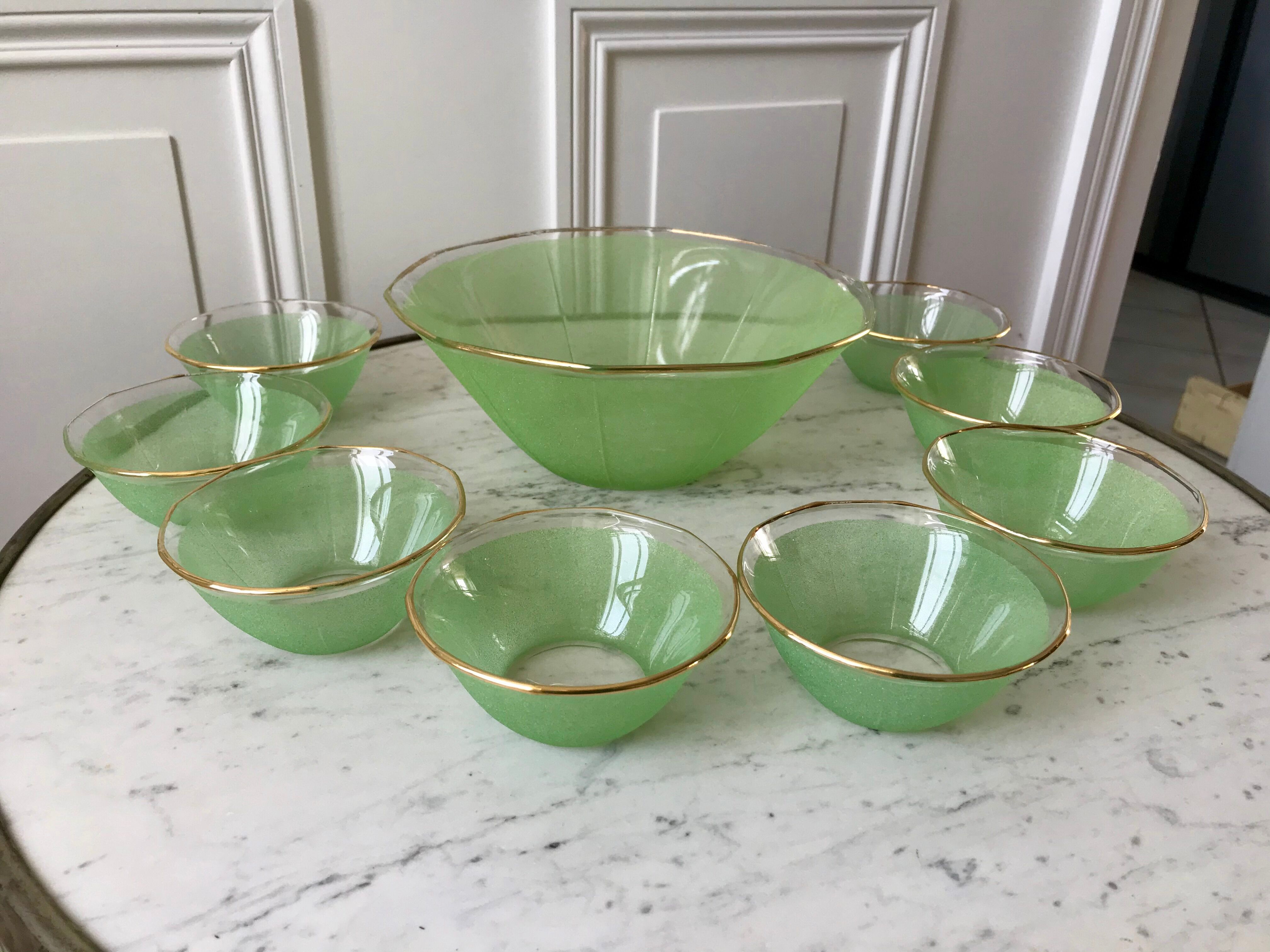 Set of 8 small bowls and a green granita bowl 60s-70s