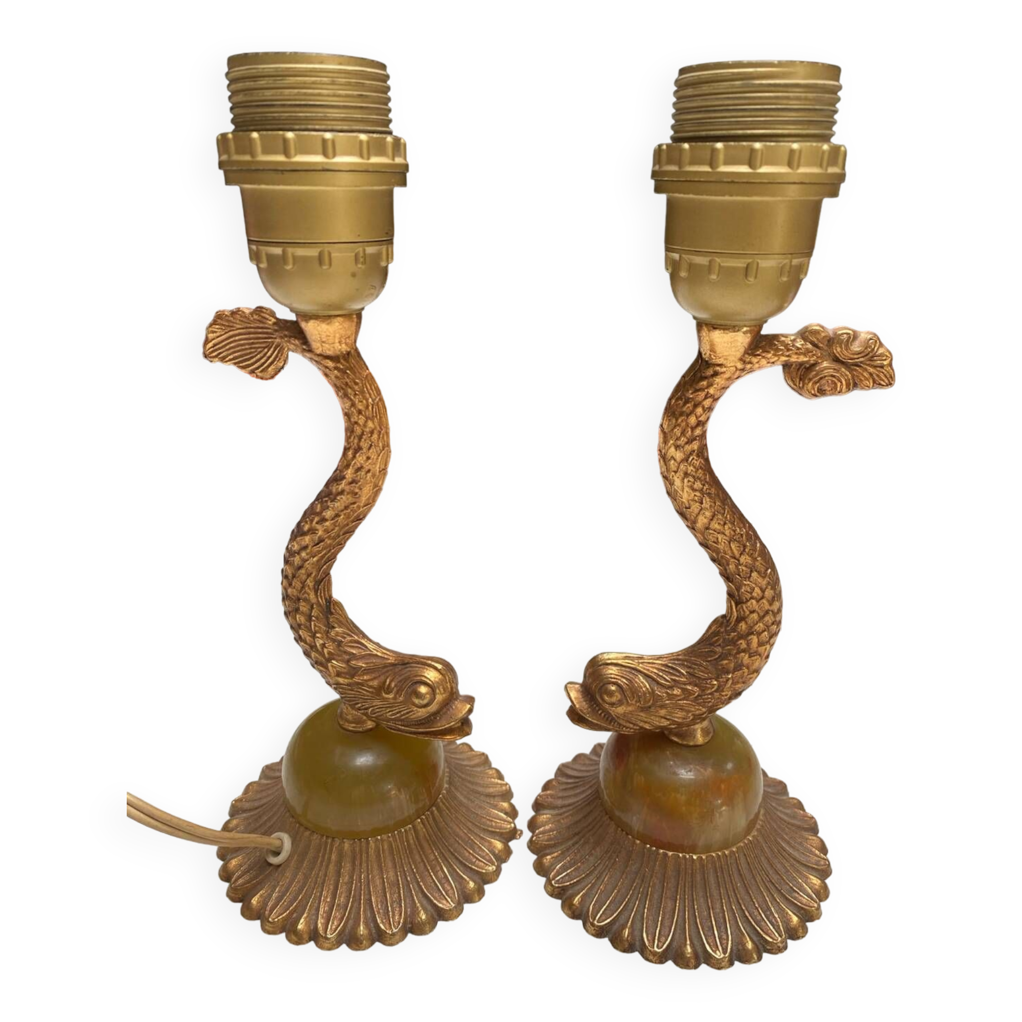 Pair of golden brass fish lamps