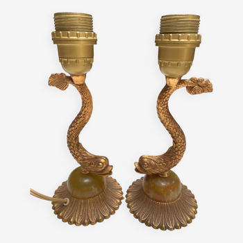 Pair of golden brass fish lamps