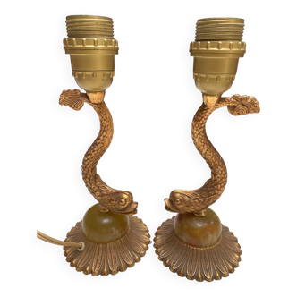 Pair of golden brass fish lamps