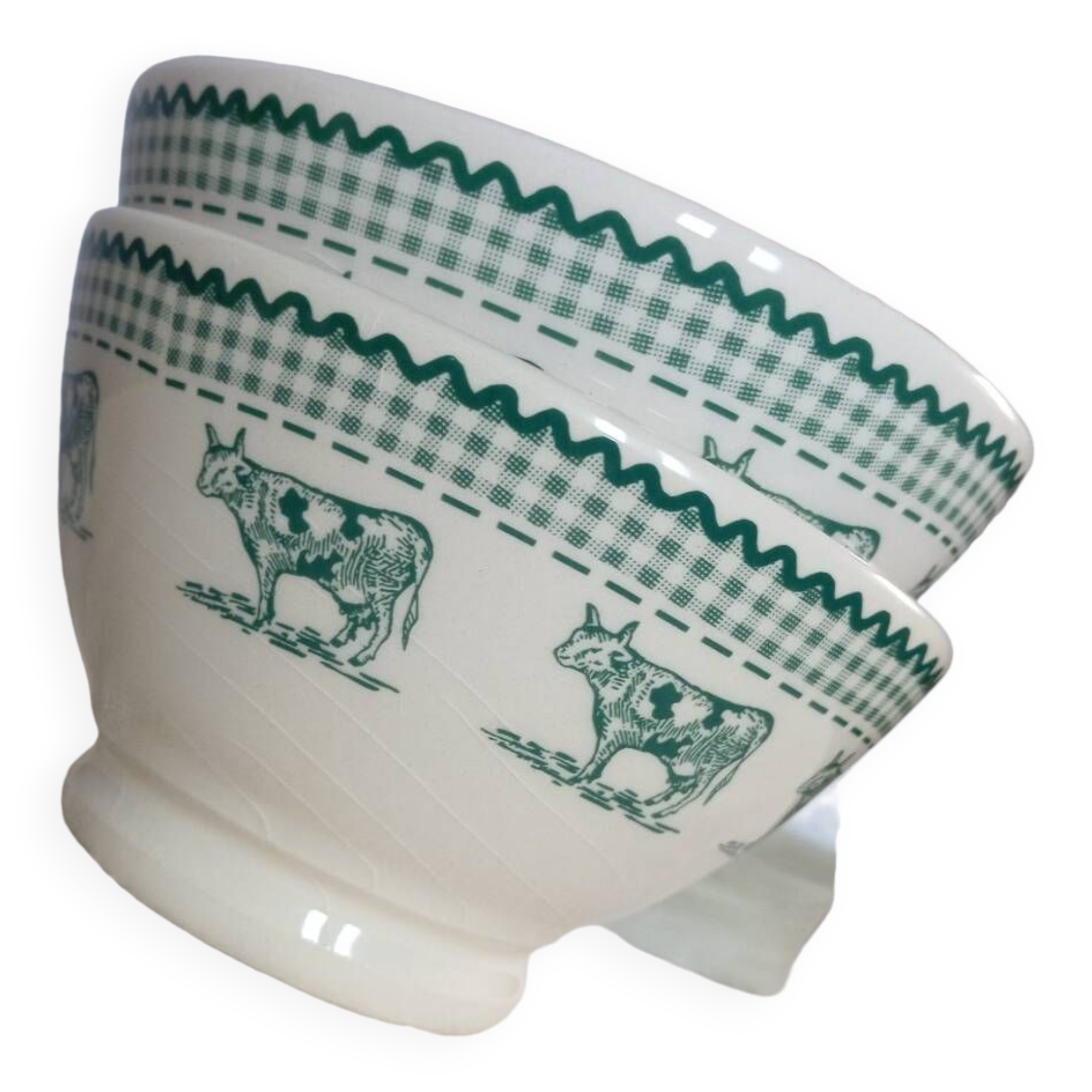 Duo of “daisy” cow decor bowls by Geneviève Lethu, 1996
