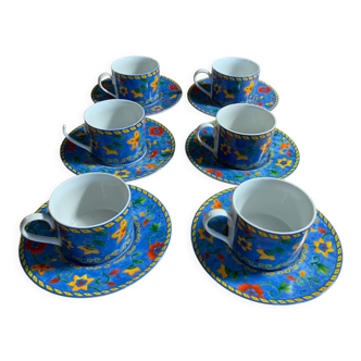 Lot 6 grandes tasses et sous tasses bleu/fleurs vintage  1 tasse avec la anse cassée voir dernière photo