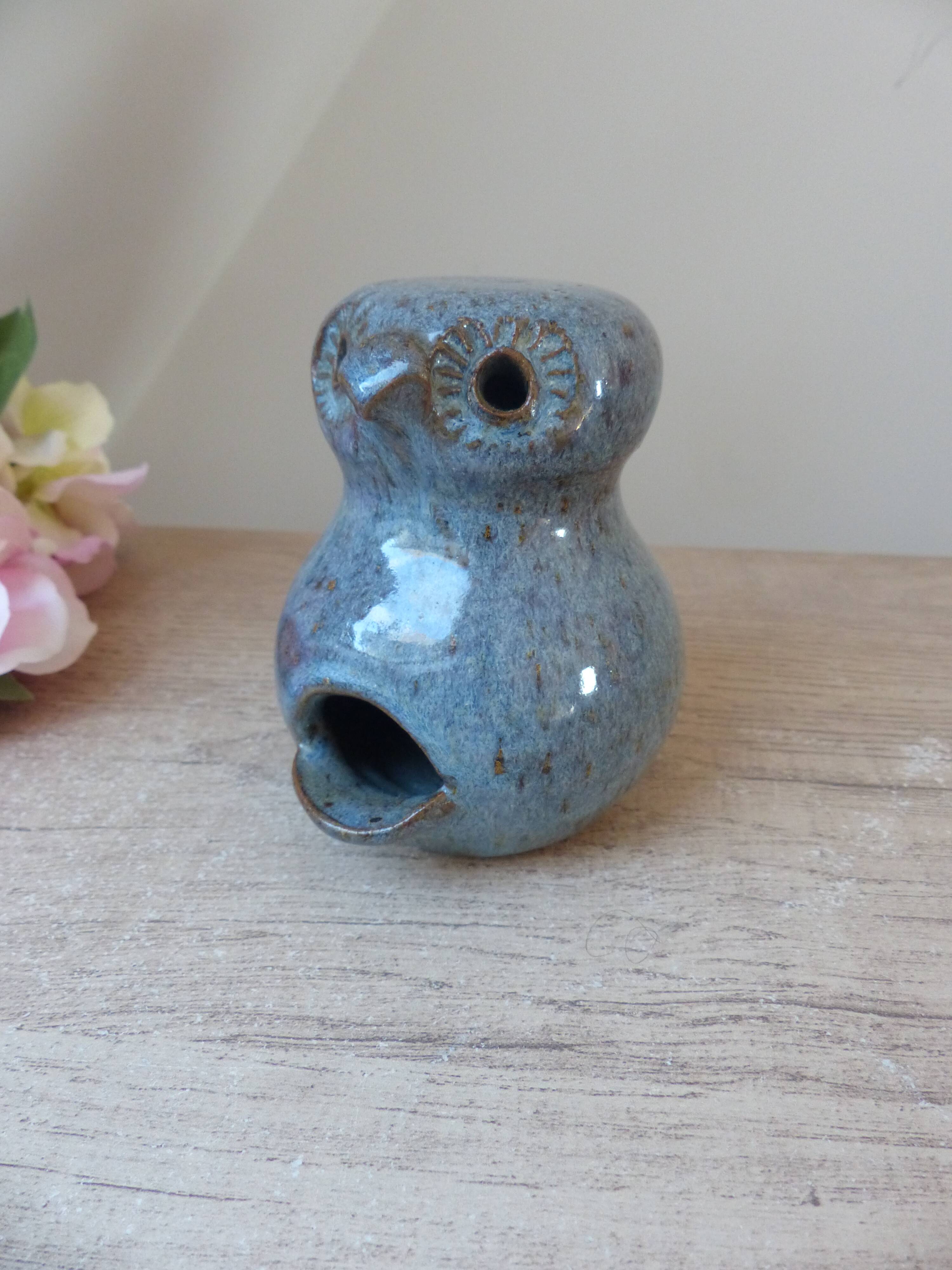 Owl figurine in blue sandstone ceramic, zoomorphic owl in vintage pottery