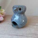 Owl figurine in blue sandstone ceramic, zoomorphic owl in vintage pottery