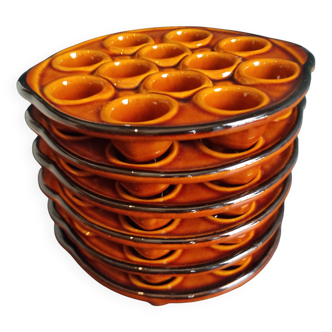 Ensemble de 6 assiettes à escargots vintage françaises ambrées en majolique