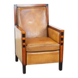 Sheep leather and wood armchair with an Art Deco design