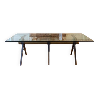 Glass, wood and metal dining table