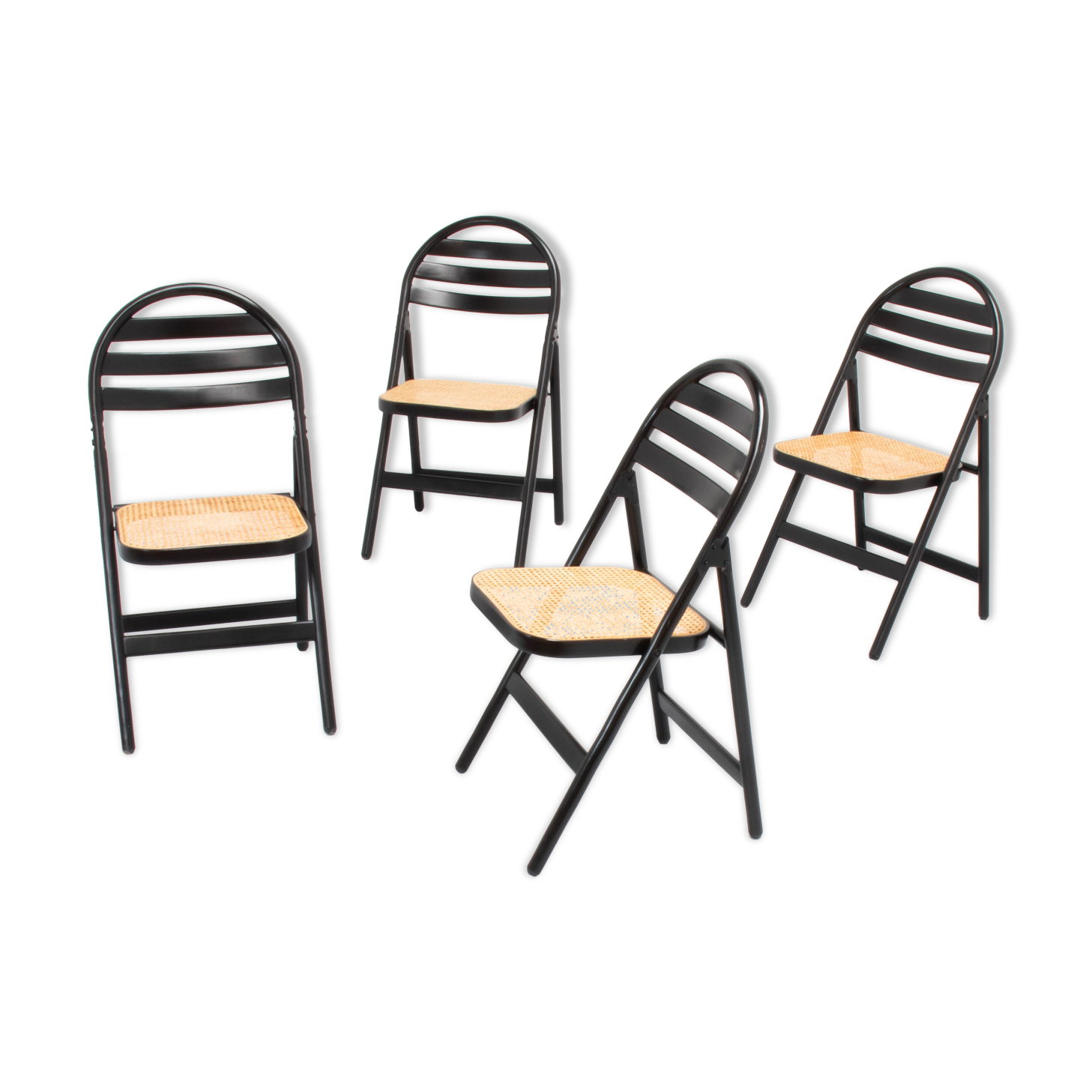 4 vintage wood folding chairs with cane seating