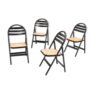 4 chaises pliantes en bois vintage avec sièges en cannage