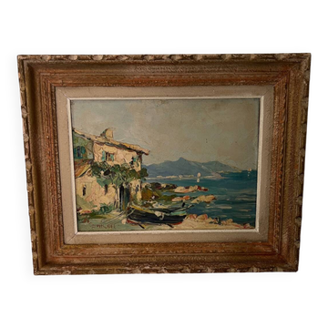 Painting of a view of the Mediterranean port B.Michel 1960