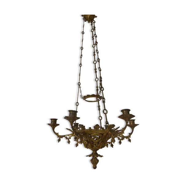 Lustre neo gothique d'église en bronze doré à 6 feux 19 eme
