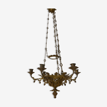 Neo Gothic church chandelier in gilded bronze with 6 burners 19 th