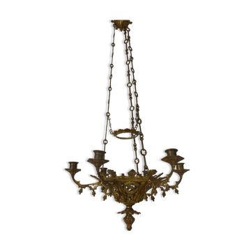 Neo Gothic church chandelier in gilded bronze with 6 burners 19 th