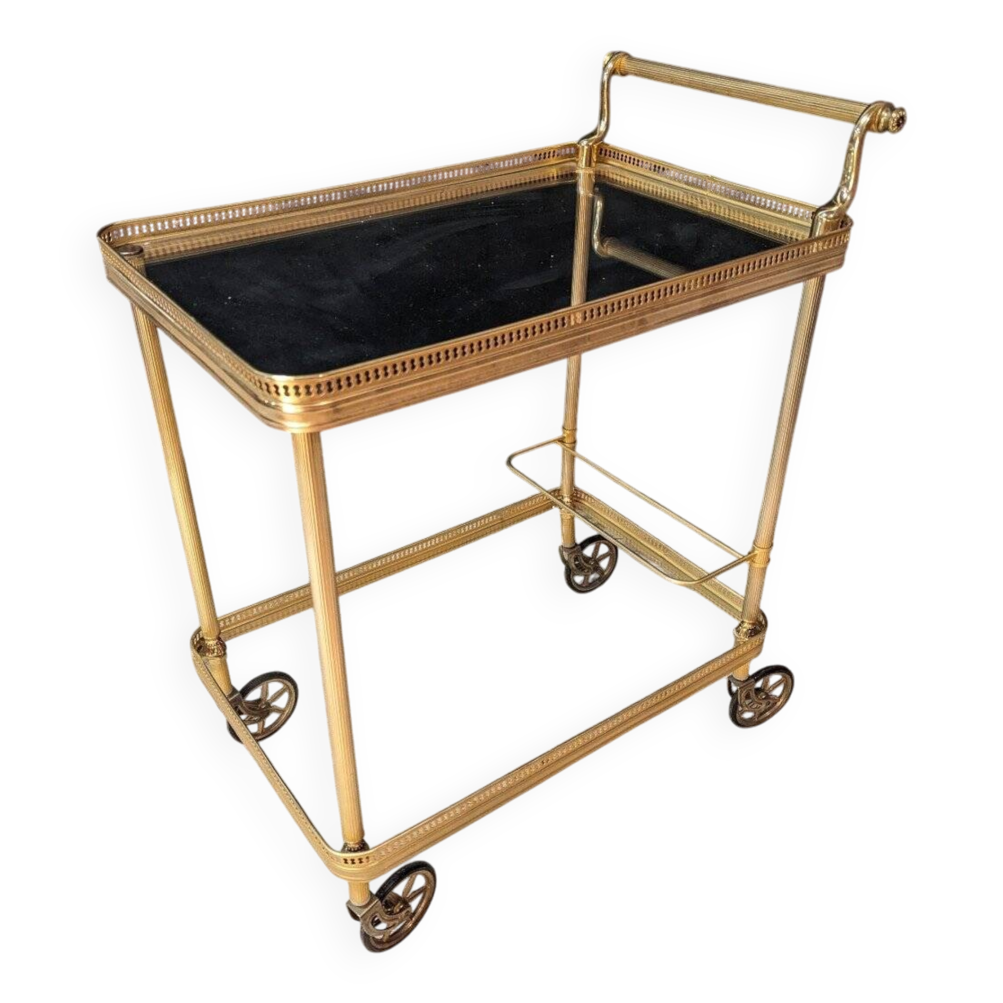 1970s serving trolley in brass and gilded bronze.