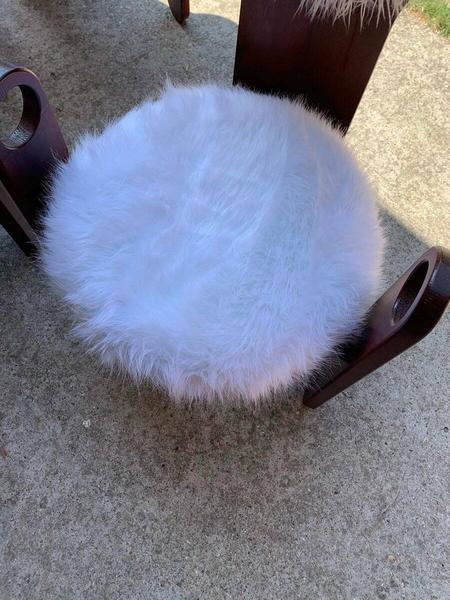 Set of 4 vintage dining chairs in brown pine and white fur by Szedleczky (1970s)
