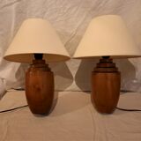 Pair of bedside lamps, varnished wooden foot, art deco spirit, 1980s/1990s